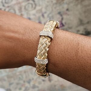 Gold Tone Braided Bracelet Crystal Accent Clasp Statement Elegant